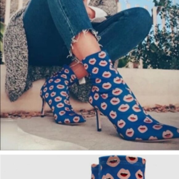 ZARA BLUE LIPS PRINT FABRIC HEELED ANKLE BOOTS - Picture 6 of 9